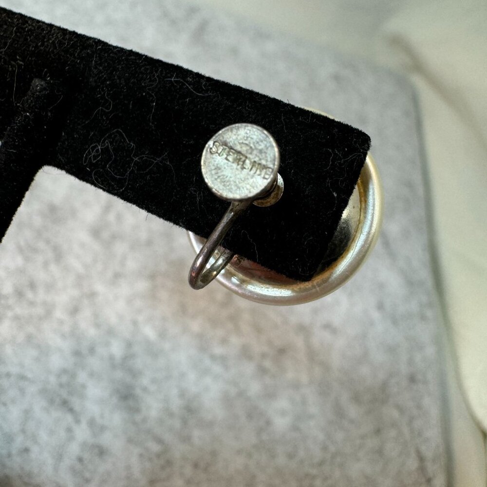 Vintage Sterling Silver & Faux Pearl Clip-On Earrings MCM Button shaped - Picture 4 of 10